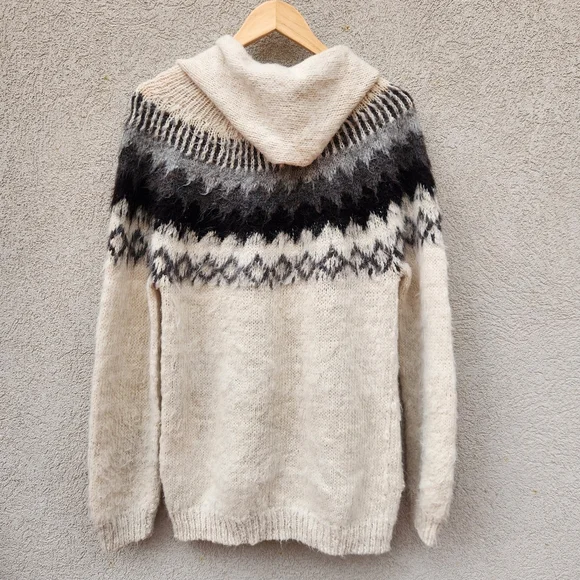 CHASQUI Women's Hoodie Medium Beige Black 100% Alpaca Handmade Aztec Cardigan - Picture 5 of 10